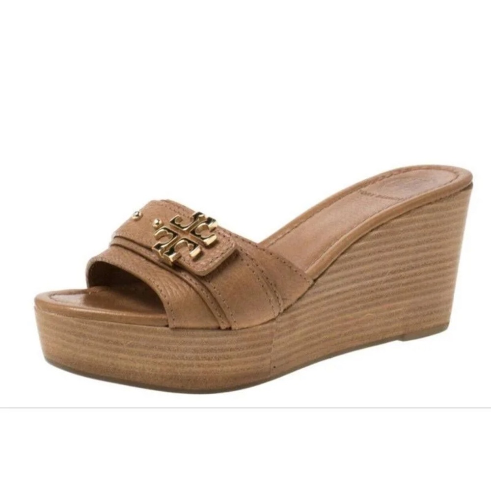 Tory Burch Elina Midwedge Slide Sandals 6.5 6 1/2 Brown Gold Nude 3” Heel
